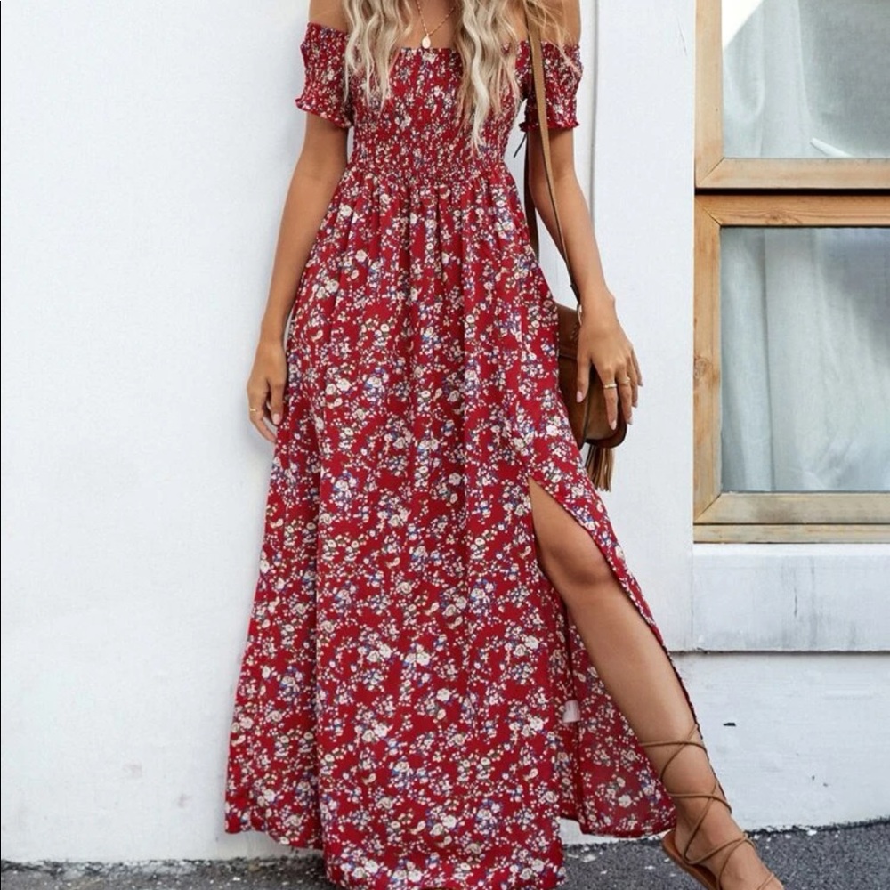 SHEIN off the shoulder ditsy floral high split dress